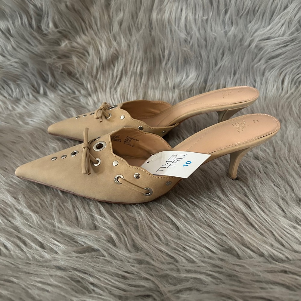 Time And Tru Stud Kitten Heel Womens Size 10 Beige Studded Slip On Heels Shoes